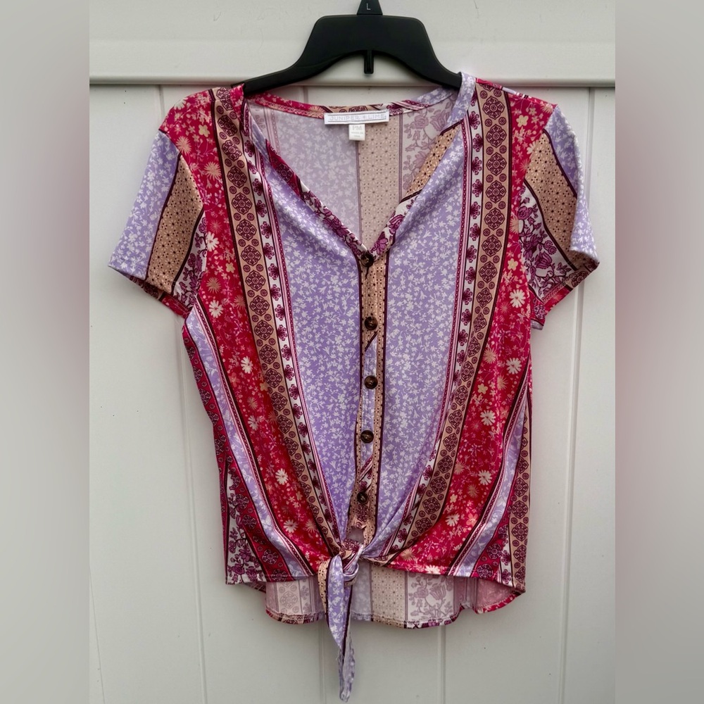 Juniper + Lime Floral Print Short Sleeve Blouse W/Tie At Waist Size PM, NWOT